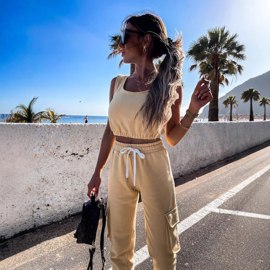Damen lässiges Crop-Top und Jogginghose-Set mit verstellbarem Kordelzug Heidi-Mode