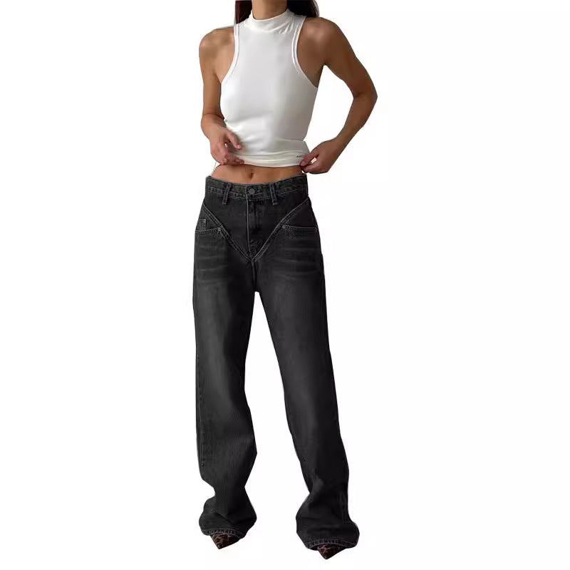 Damen Hoch geschnittene Jeans mit weitem Bein Heidi-Mode