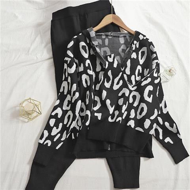Damen gemütliches Strick-Loungewear-Set mit Leopardenmuster Heidi-Mode