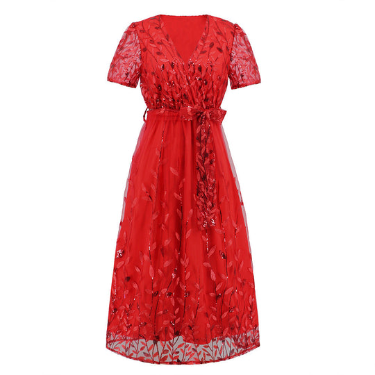 Heidi-Mode | Kurzärmliges Kreuz V-Ausschnitt Gürtel Midi Kleid