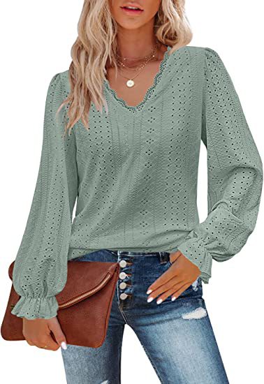 Damen Bluse mit Spitzenmuster und Ballonärmeln Heidi-Mode