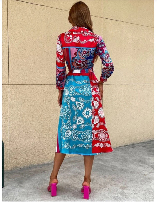 Heidi-Mode | Langarm Gedruckter Gürtel Foulard Midi Kleid