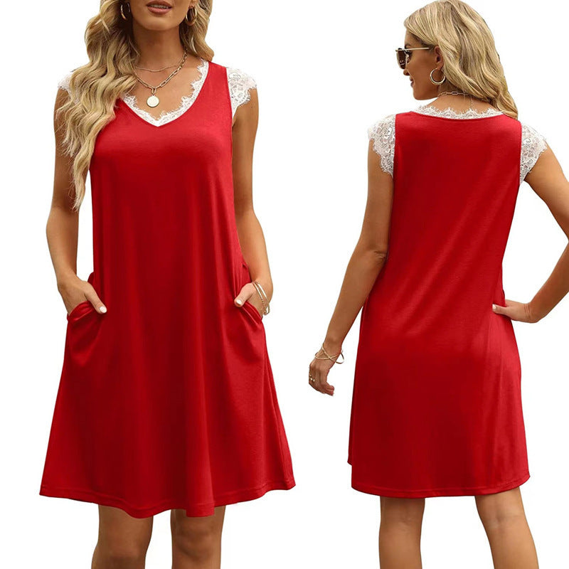 Damen ärmelloses Kleid mit Spitzendetail und seitlichen Taschen Heidi-Mode