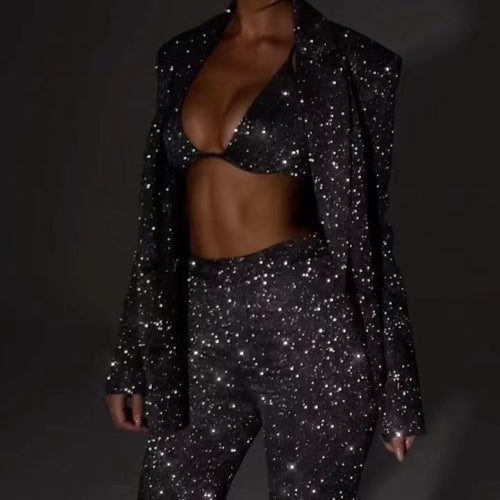 Damen Glitzerndes Anzugset mit Crop-Top und Flared Pants Heidi-Mode