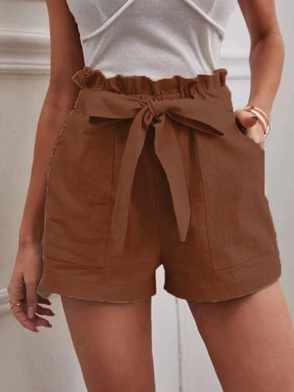 Damen kurze Lockere Leinenhose mit Bindegürtel Heidi-Mode