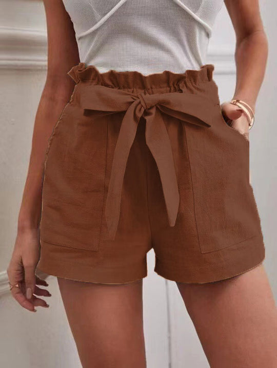 Damen kurze Lockere Leinenhose mit Bindegürtel Heidi-Mode