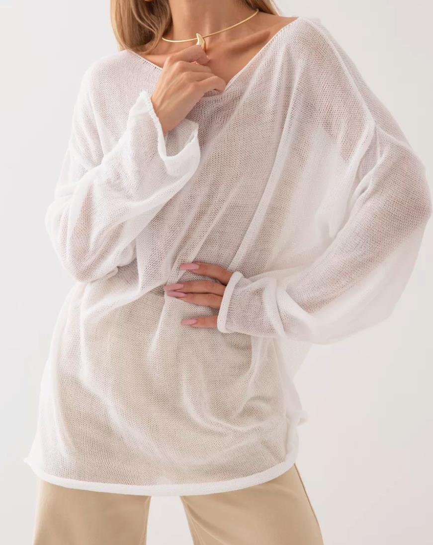 Damen luftige Strickbluse mit offenen Schultern und weiten Ärmeln Heidi-Mode