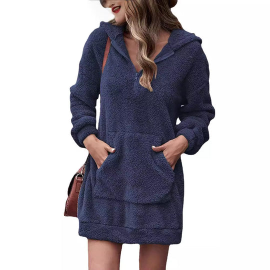 Damen Fleece-Kapuzenkleid mit Taschen und Reißverschluss Heidi-Mode