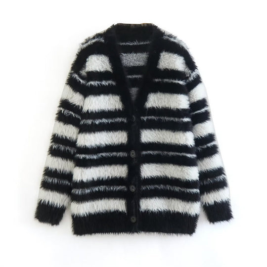 Damen Gemütlicher Strickcardigan mit modernem Streifenmuster und weichem Material Heidi-Mode