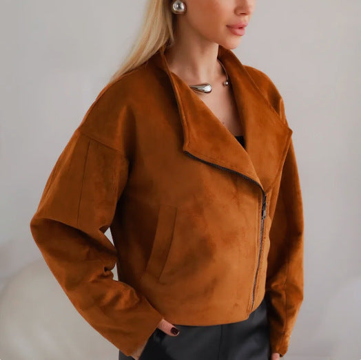 Damen Trendige Kurzjacke im lässigen Biker-Stil mit asymmetrischem Reißverschluss und tiefem Kragen Heidi-Mode