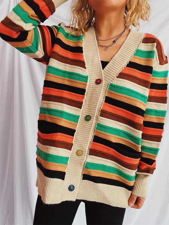 Damen Strickjacke mit buntem Streifenmuster und knöpfbarem Design Heidi-Mode