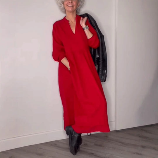 Damen Maxikleid mit elegantem V-Ausschnitt und bequemen langen Ärmeln Heidi-Mode