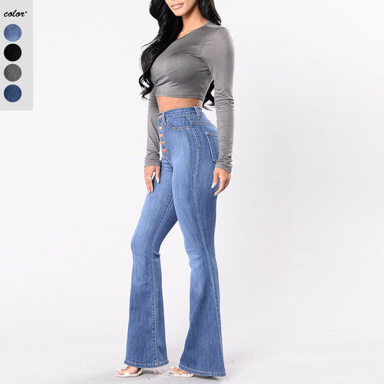 Damen Flared Jeans mit hohem Bund und dekorativer Knopfleiste Heidi-Mode