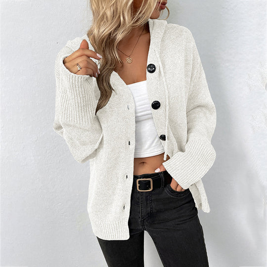 Damen lässige Strickjacke mit Kapuze und Knopfverschluss Heidi-Mode