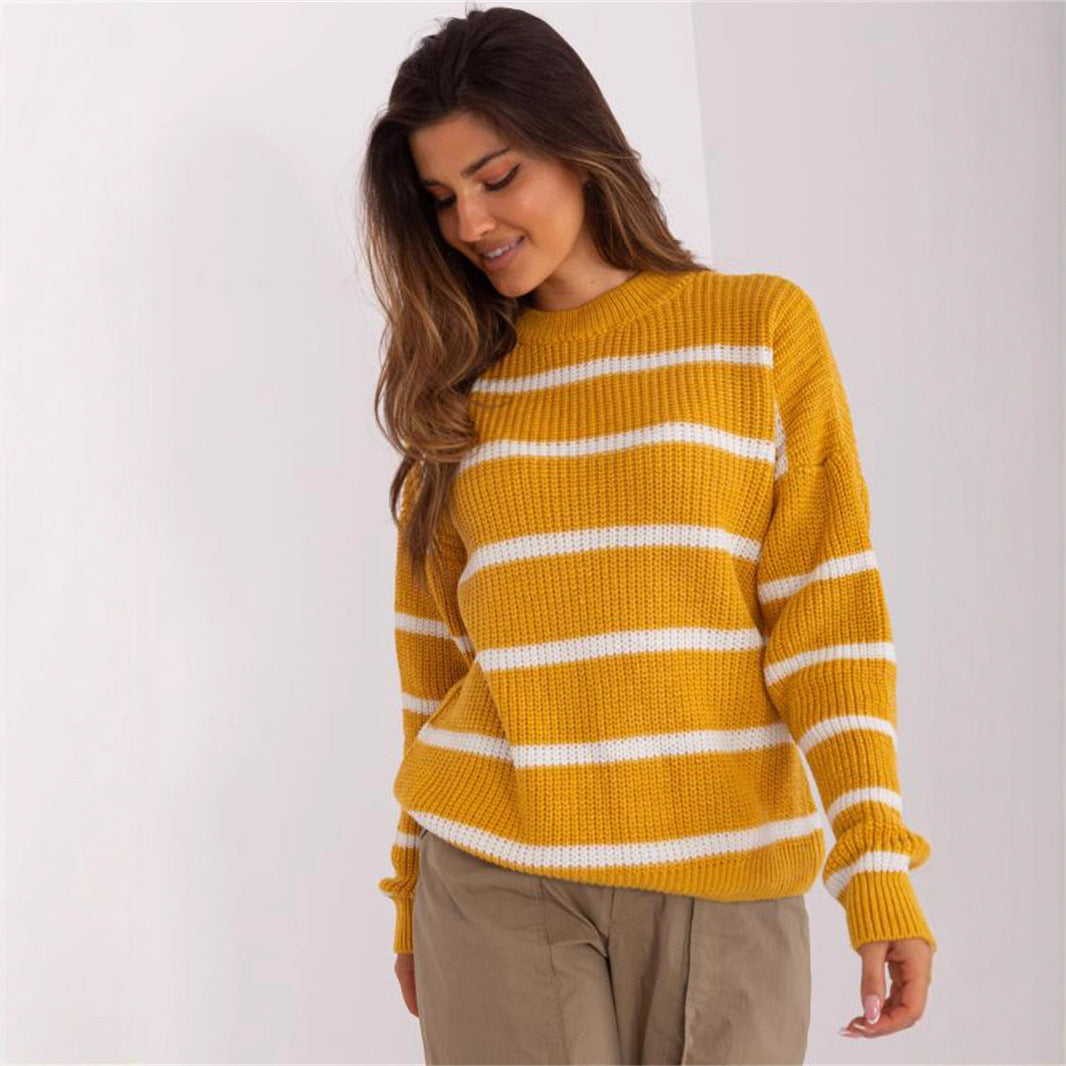 Damen lässiger Strickpullover mit modernem Streifenmuster und weitem Schnitt Heidi-Mode