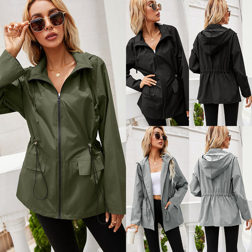 Damen leichte Regenjacke mit Kapuze und verstellbarem Bund Heidi-Mode