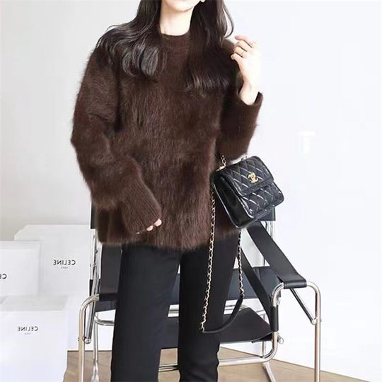 Damen Flauschiger Rundhals-Pullover mit lässigem Schnitt und oversized Passform Heidi-Mode