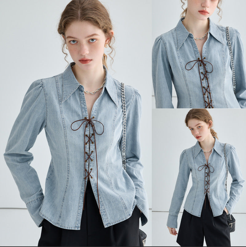 Damen Jeansbluse mit Schnürung und asymmetrischem Schnitt Heidi-Mode