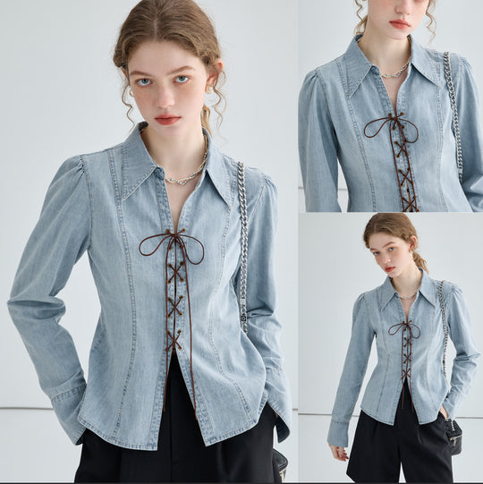 Damen Jeansbluse mit Schnürung und asymmetrischem Schnitt Heidi-Mode