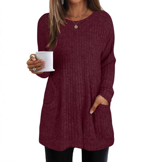 Damen lässiger Strickpullover mit seitlichen Eingrifftaschen und Rippenstruktur Heidi-Mode