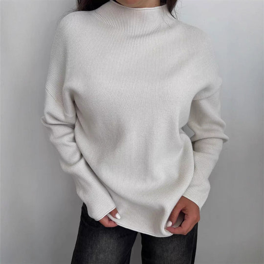 Damen Modernes Strickoberteil mit hochgeschlossenem Kragen und feinem Rippenmuster Heidi-Mode