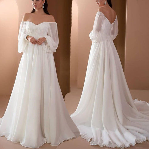 Heidi-Mode | Off Shoulder Langarm Weiß Brautkleid