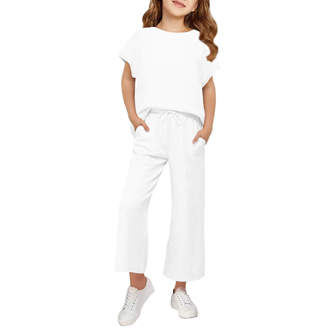 Damen lässiges Kurzarm-Oberteil und weit geschnittene Lounge-Hose Set Heidi-Mode