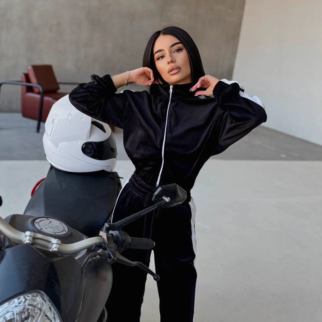 Damen Fleece Freizeitanzug mit Reißverschluss und Kontraststreifen Heidi-Mode