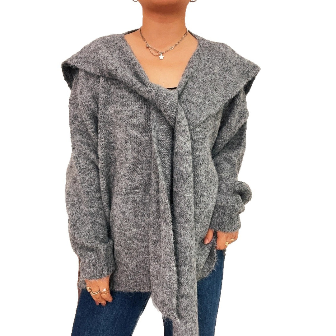 Damen lässiger Strickpullover mit abnehmbarer Kapuze und Knopfdetails Heidi-Mode