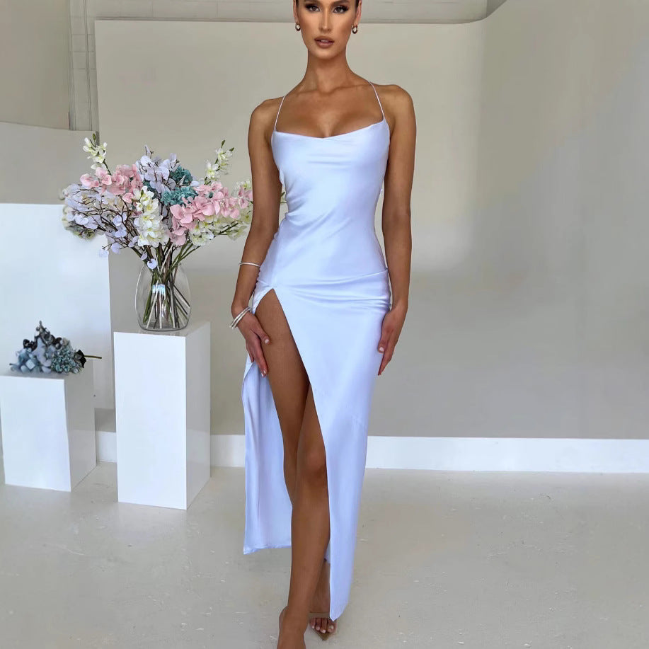 Damen Elegantes Maxikleid mit schmalen Spaghettiträgern und seitlichem Schlitz Heidi-Mode