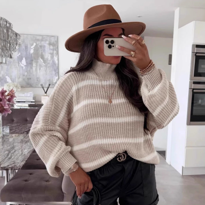 Damen gestreifter Oversized-Pullover mit modischem Rollkragen Heidi-Mode