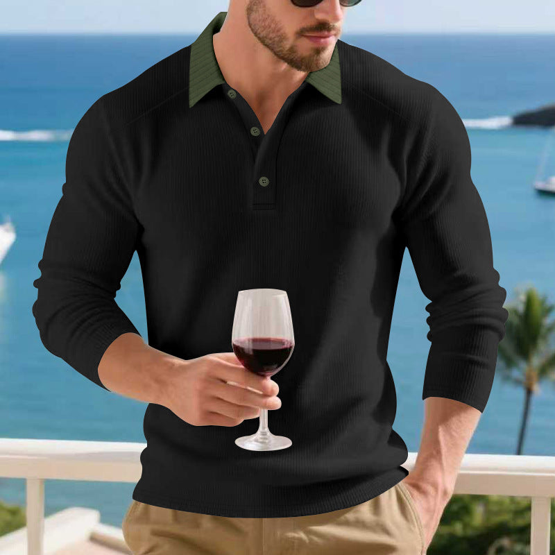 Herren Langarm Poloshirt mit strukturiertem Design und kontrastierendem Stehkragen Heidi-Mode