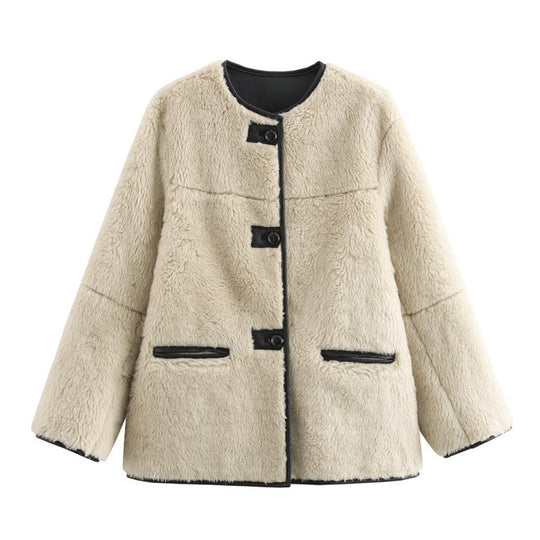 Damen Teddyjacke mit kontrastierenden Taschen und Knopfdetails Heidi-Mode
