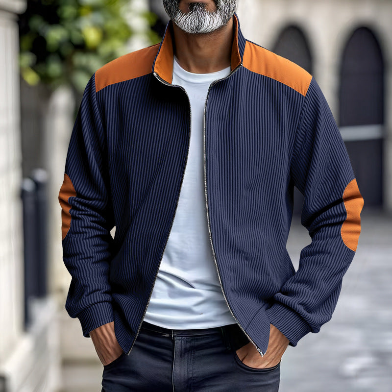 Herren Sportliche Zip-Jacke mit Rippenstruktur und Kontrastärmel Heidi-Mode