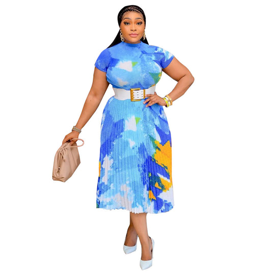 Damen Plissee-Kleid mit hohem Taillenbund und elegantem Farbharmoniedesign Heidi-Mode