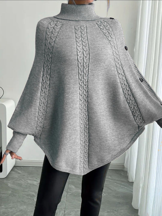Damen Eleganter Strickponcho mit Rollkragen und Zopfmuster Heidi-Mode