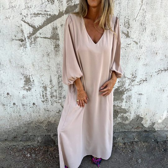 Damen Maxi-Kleid mit eleganten Puffärmeln und seitlichen Schlitzen Heidi-Mode