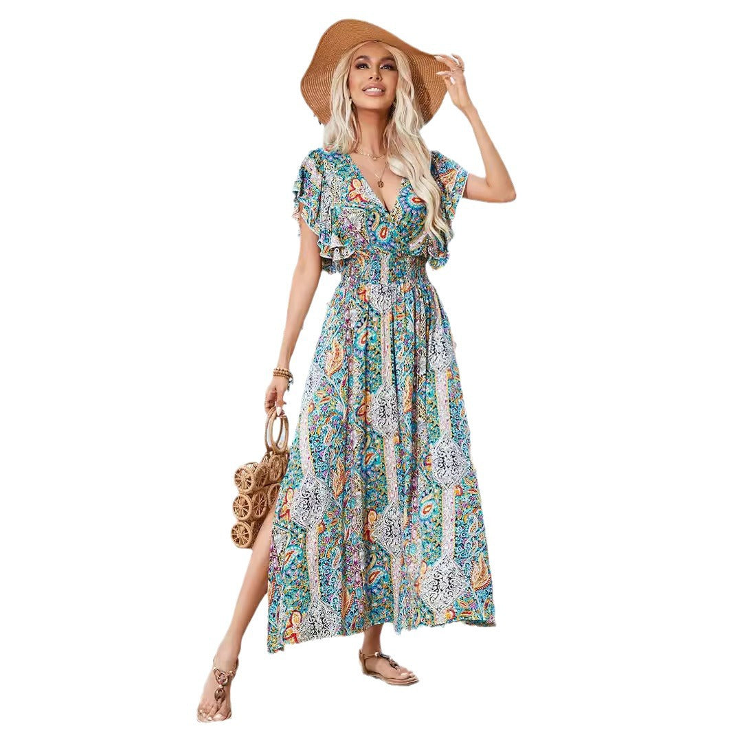 Damen Maxikleid mit verspieltem Mustermix und Rüschendetails Heidi-Mode