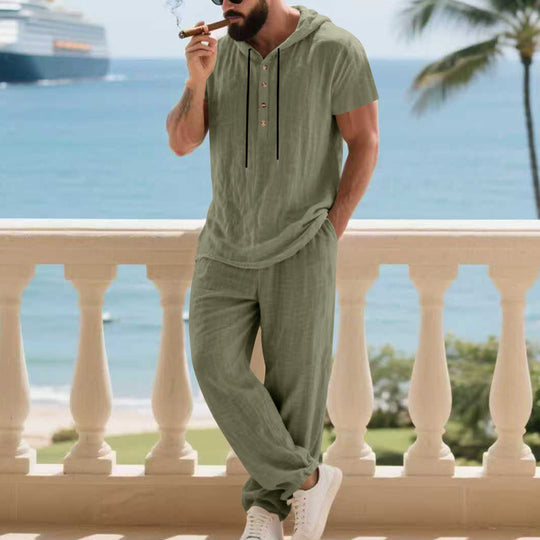 Herren komfortables Freizeit-Set mit modischem Henley-Oberteil und lockeren Hosen Heidi-Mode