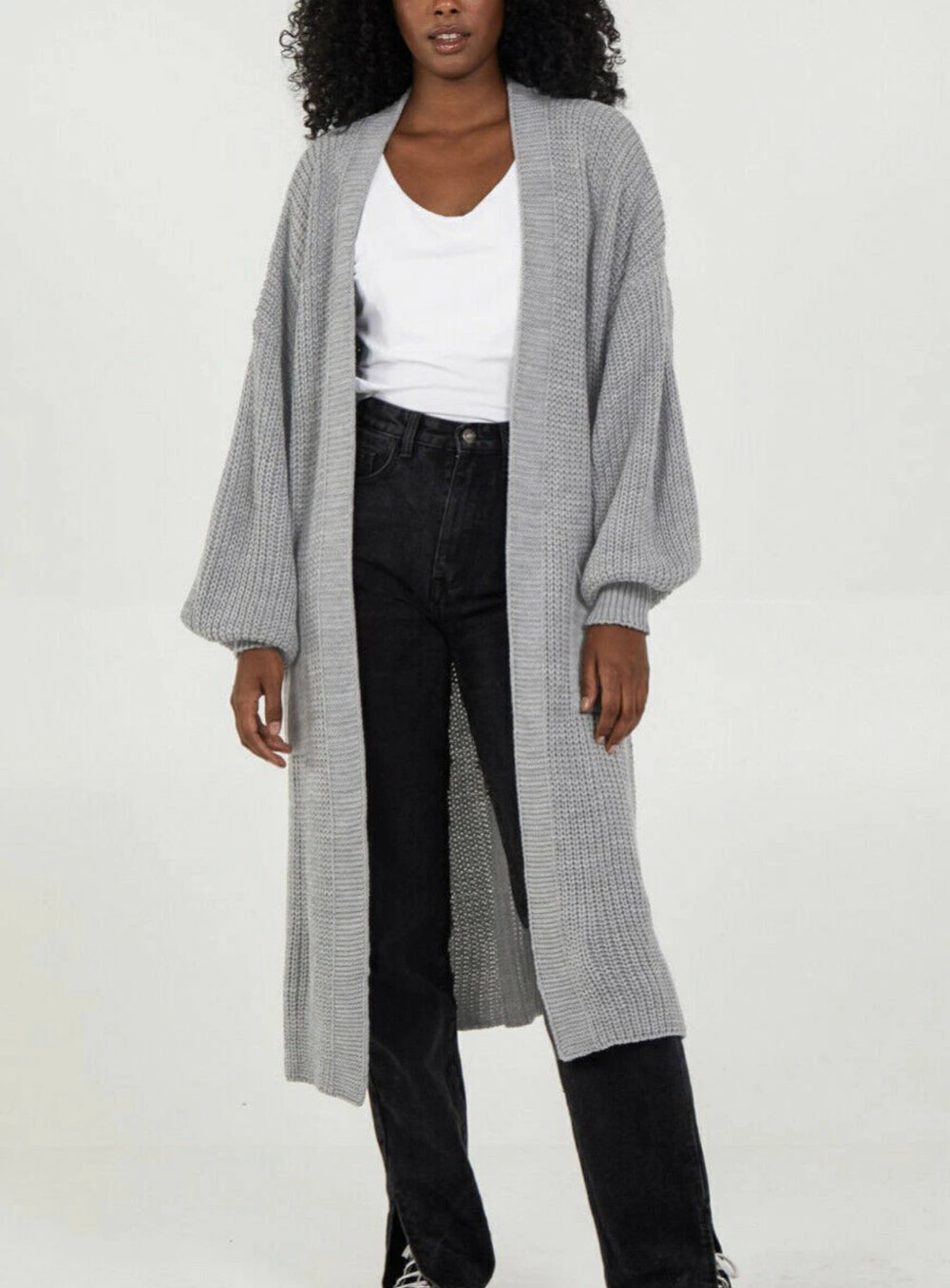 Damen Langer Strickcardigan mit voluminösen Ärmeln und offenem Schnitt Heidi-Mode