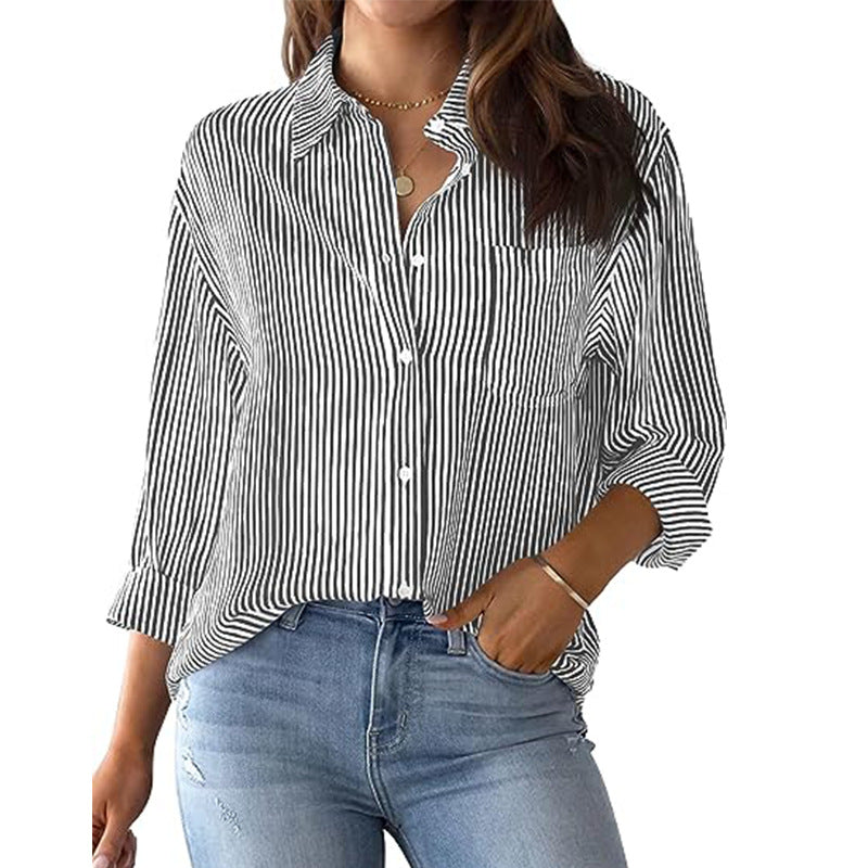 Damen lässige Hemdbluse mit feinen Streifen und lässigem Schnitt Heidi-Mode
