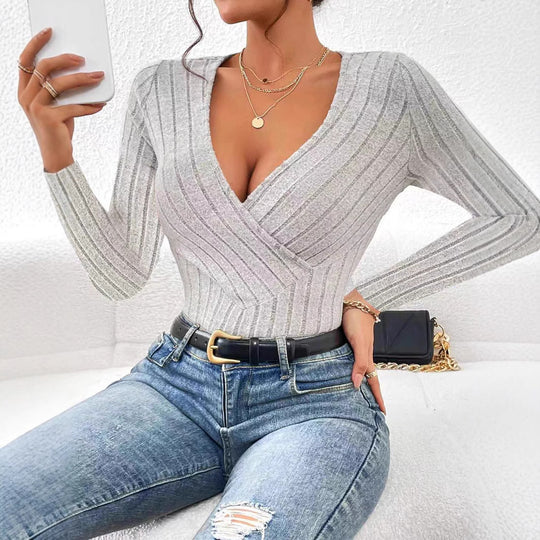 Damen Strickoberteil mit V-Ausschnitt und eleganten Rippdetails Heidi-Mode