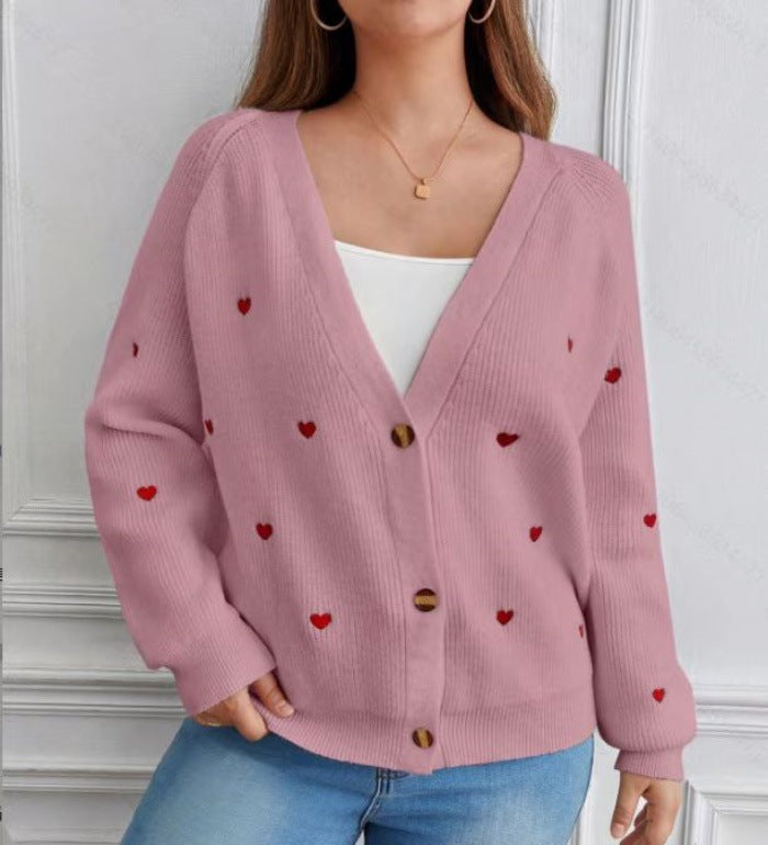 Damen Strickjacke mit Herzapplikationen und Knopfdesign Heidi-Mode