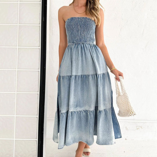 Damen Maxi Kleid mit strukturierter Oberpartie und weit schwingendem Rock Heidi-Mode