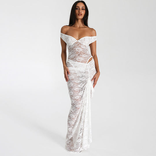 Damen Elegantes Spitzen-Maxi-Kleid mit schulterfreiem Design und Rüschendetails Heidi-Mode