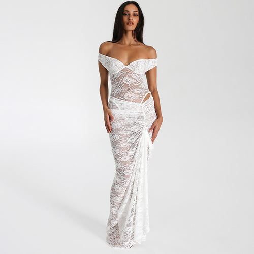 Damen Elegantes Spitzen-Maxi-Kleid mit schulterfreiem Design und Rüschendetails Heidi-Mode
