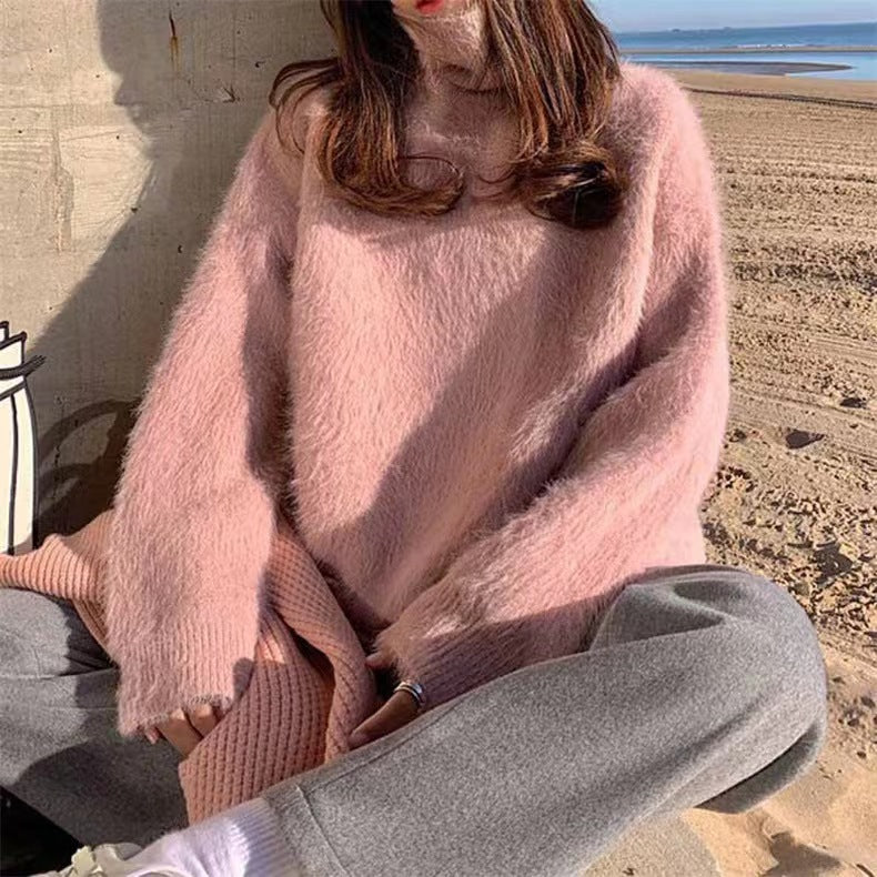 Damen Flauschiger Pullover mit Lockere Passform und Hohem Kragen Heidi-Mode
