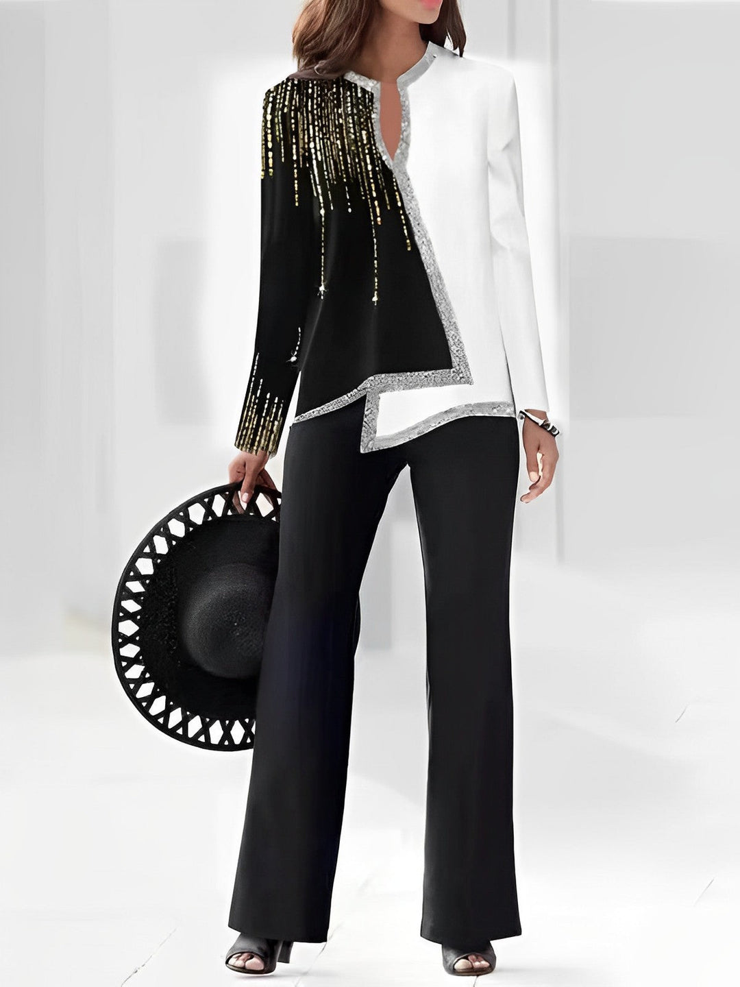 Heidi-Mode | 3D Digitaldruck V-Ausschnitt asymmetrisches Shirt- und Hosen-Set