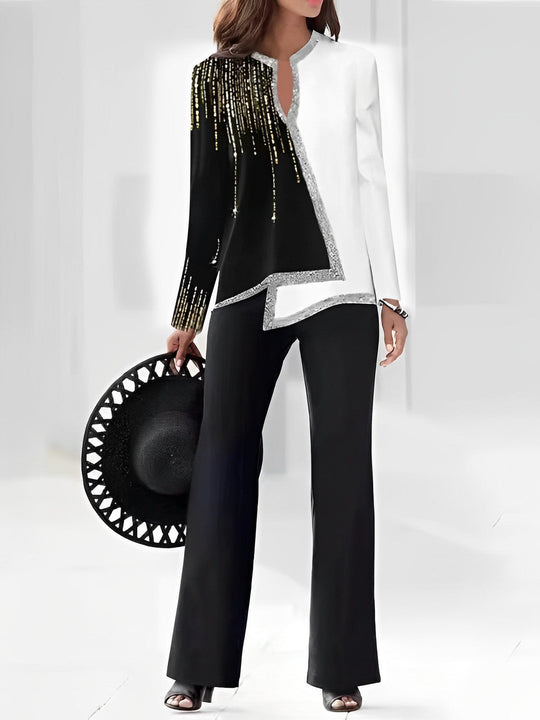 Heidi-Mode | 3D Digitaldruck V-Ausschnitt asymmetrisches Shirt- und Hosen-Set