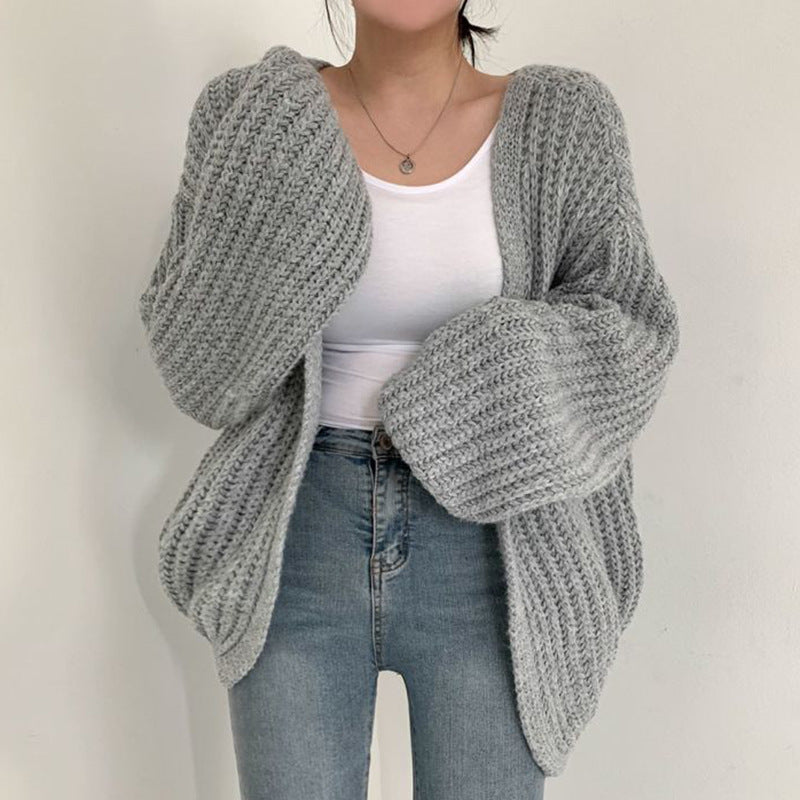 Damen Grobstrick Cardigan mit lässigem Schnitt und voluminösen Ärmeln Heidi-Mode